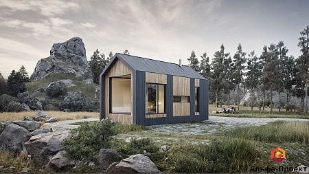 Проект каркасного "Барнхаус" с баней, 42м2, 4.4х8.9 м