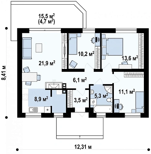 Проект дома 85м2 (8,4х12,3 м) из газобетона Проект дома 85м2 (8,4х12,3 м) из газобетона